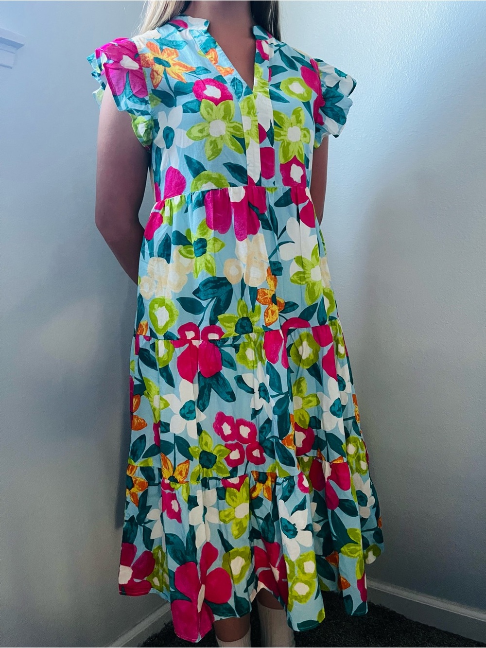 Bright Floral Tiered Midi Dress